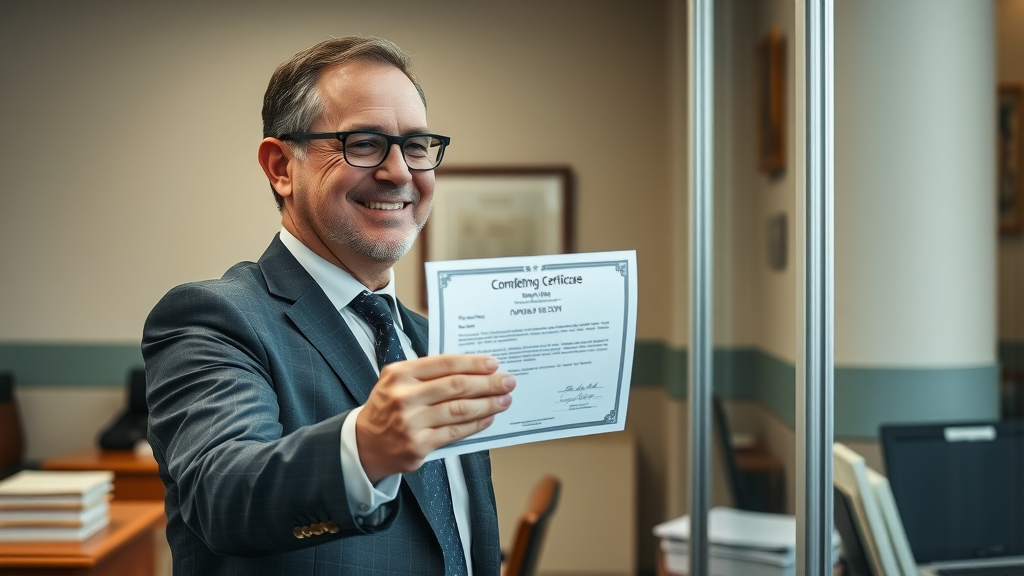 Man handing in Florida traffic school certificate at courthouse, confirming completion