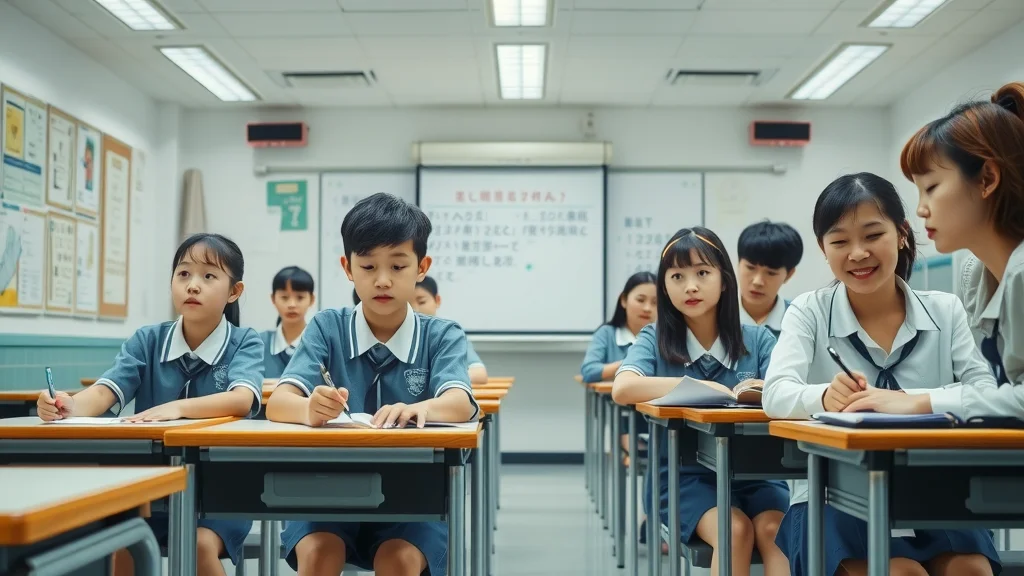 Japanese schoolchildren in uniform next to adult foreign learners, representing the contrast in the kanji learning process for natives and foreigners.