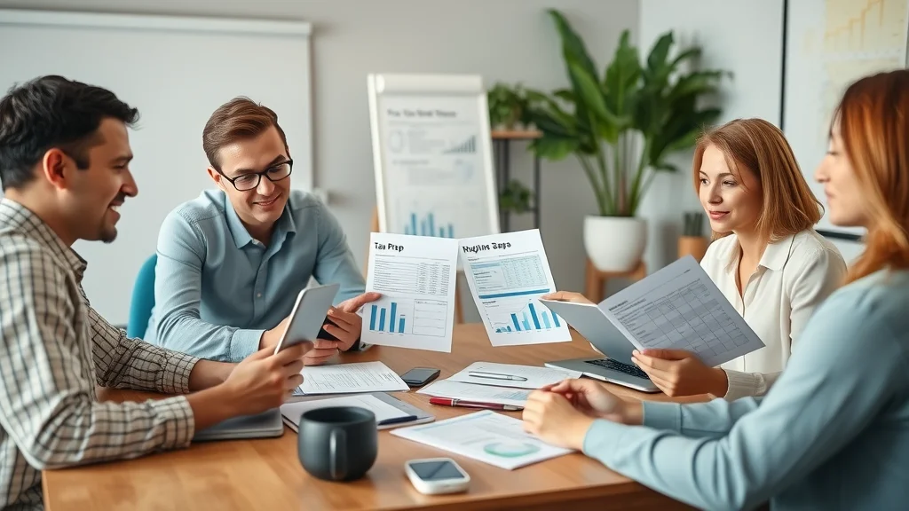 Small business team collaborating on tax prep with accurate financial reports and laptops