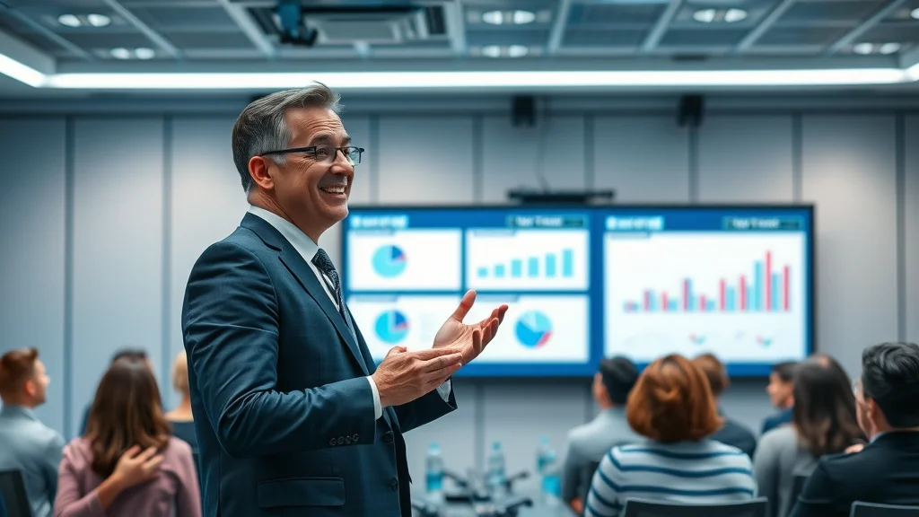 business english presentation—Leader delivering engaging presentation with digital board, diverse audience attentive.