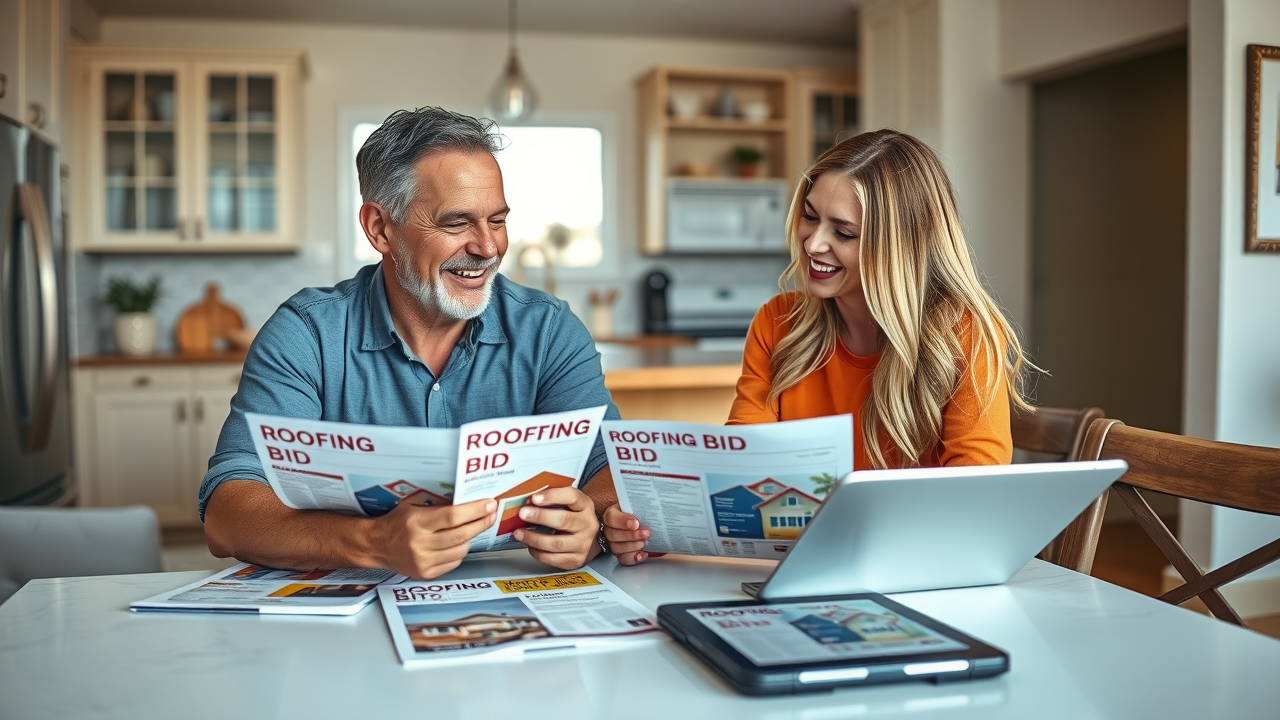 Carlsbad NM homeowners comparing roofing bids at their kitchen table, colorful brochures and digital tablets