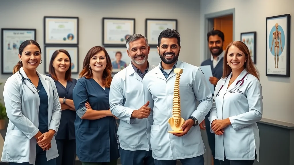 sacramento chiropractor diverse team, confident and compassionate group of chiropractors standing together in modern clinic with certificates and health posters