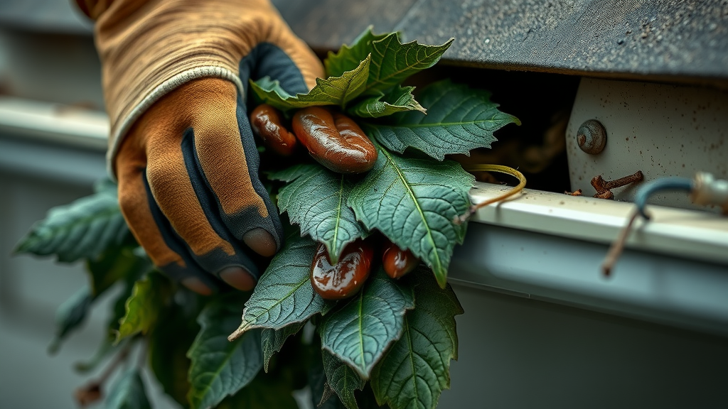 gutter cleaning tips for stubborn blockages with gloved hands removing packed leaves from a gutter downspout