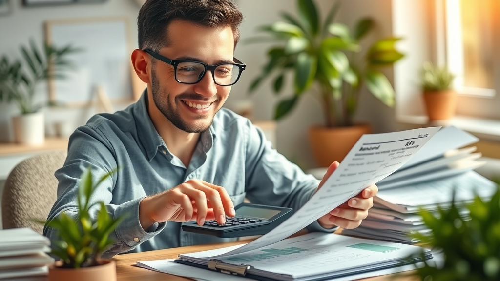 business owner relieved after consolidating cash advances, reviewing balance sheet with sunlight streaming in