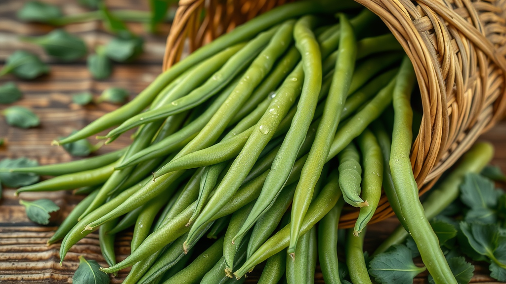Fresh string beans spilling from a rustic basket with dew drops in a farm market background - health benefit of string beans