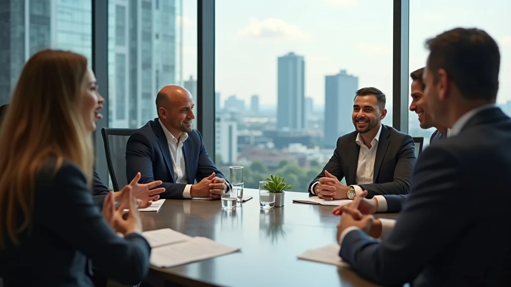 Empathetic business leader discussing scaling marketing with team and clients in a bright, modern boardroom