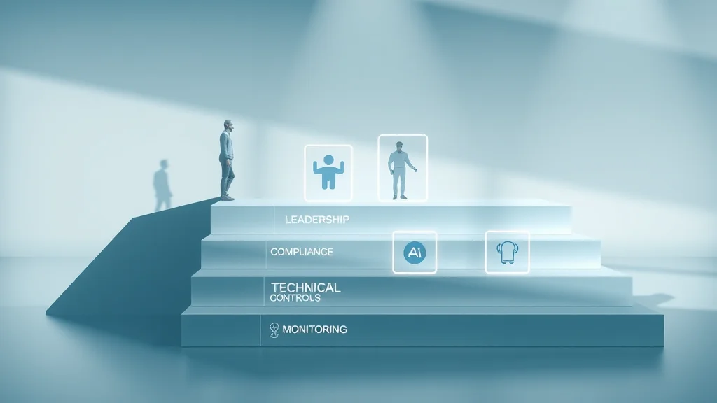 Stepwise workflow infographic on AI governance framework phases visualized as ascending steps