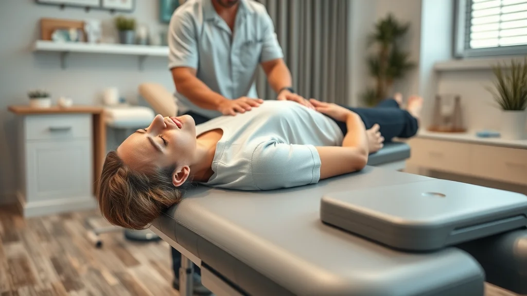 Patient undergoing flexion-distraction therapy on a specialized chiropractic table - flexion distraction, table technique, spinal relief, chiropractic adjustment