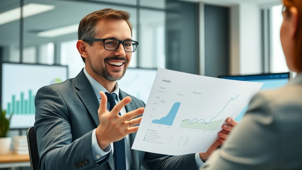 Professional financial advisor explaining a disciplined financial growth plan with graphs in a modern office setting