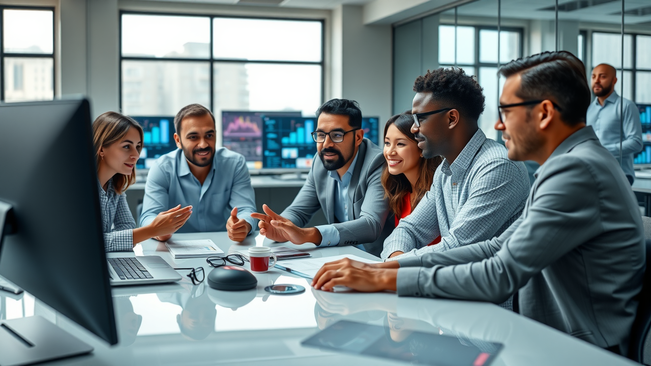 Online marketing and digital marketing teams collaborating and analyzing strategies with digital displays in a modern office