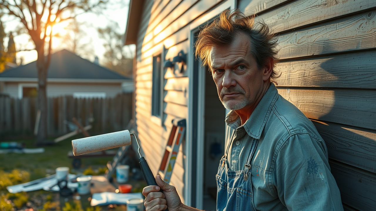 Frustrated middle-aged homeowner with slightly disheveled hair and casual, paint-splattered clothing, showing a tense but determined facial expression, carefully attempting to paint the exterior wall of their house with a roller brush