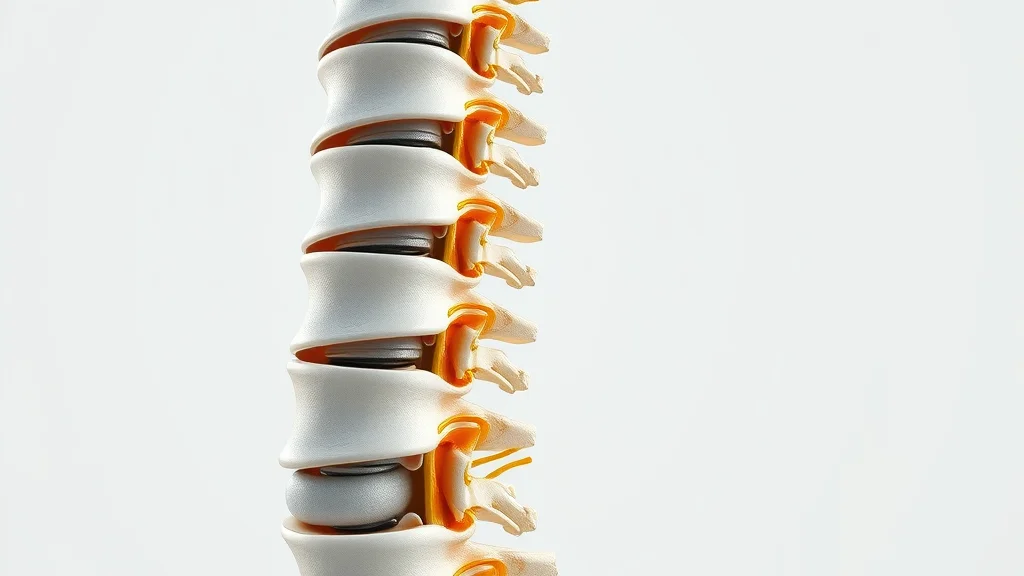 Realistic cross-section of spinal vertebrae with emerging spinal nerves and root exits, highlighting spinal nerve anatomy for spine chart with nerves