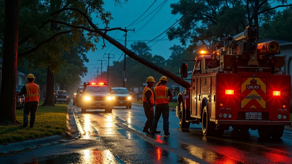 Emergency tree removal Shreveport at night after storm—team at work, safety, reflective vests, emergency tree, Bossier City, northwest Louisiana storm damage