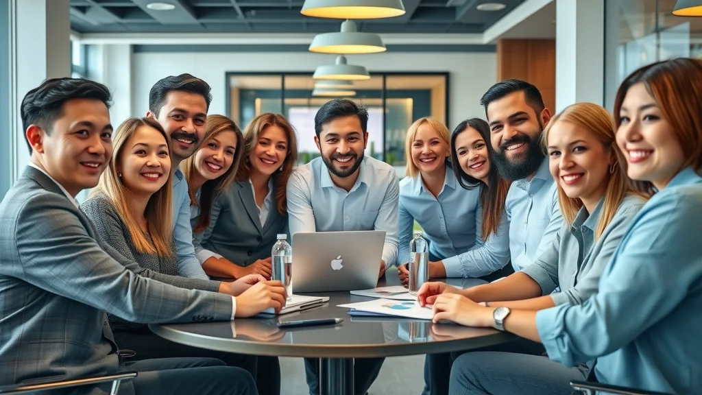 Cohesive team of accountants collaborating at a shared workspace, symbolizing the power of teamwork in holistic accounting and business efficiency.