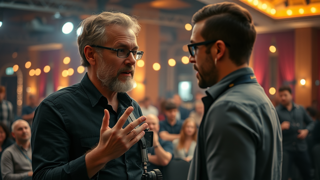 independent film director, inspired, discussing scene on set, Cinematic, intimate film festival ambiance with a small audience, highly detailed, creative excitement, warm colors, ambient lighting, shot with a 50mm lens.