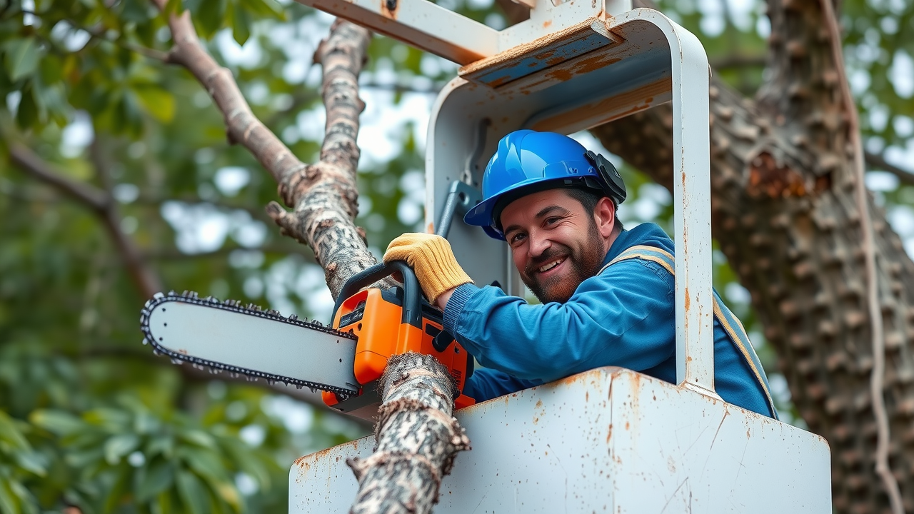 Tree service crew in Landing New Jersey trimming trees with bucket truck