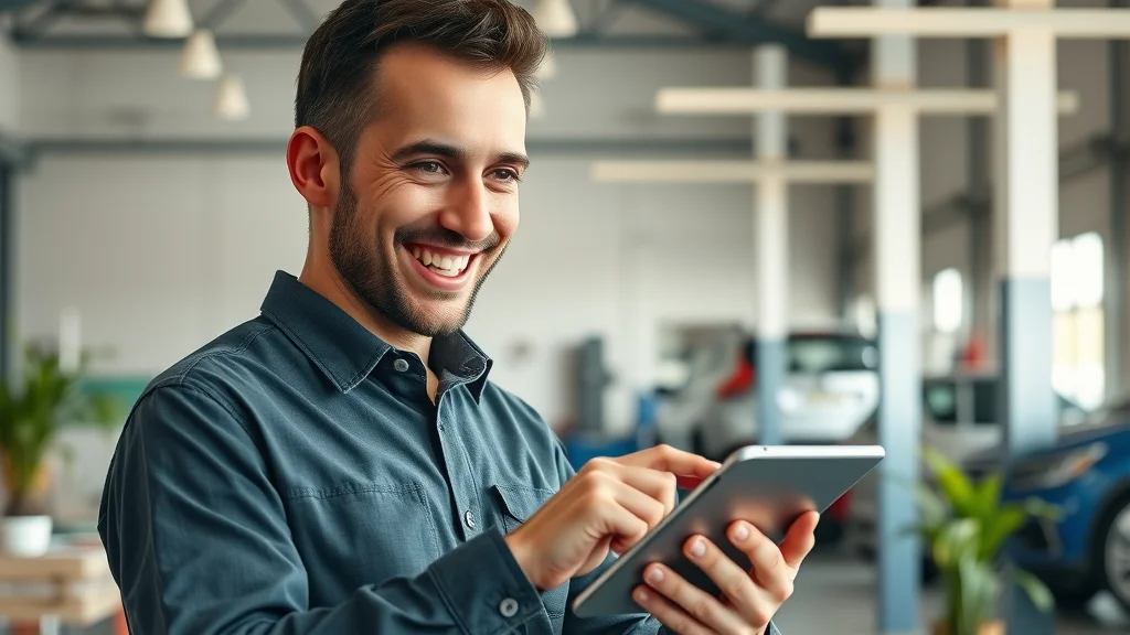 Cheerful auto repair shop owner using a tablet to claim and verify Google Business Profile in a well-lit lobby – google business profile for repair shops