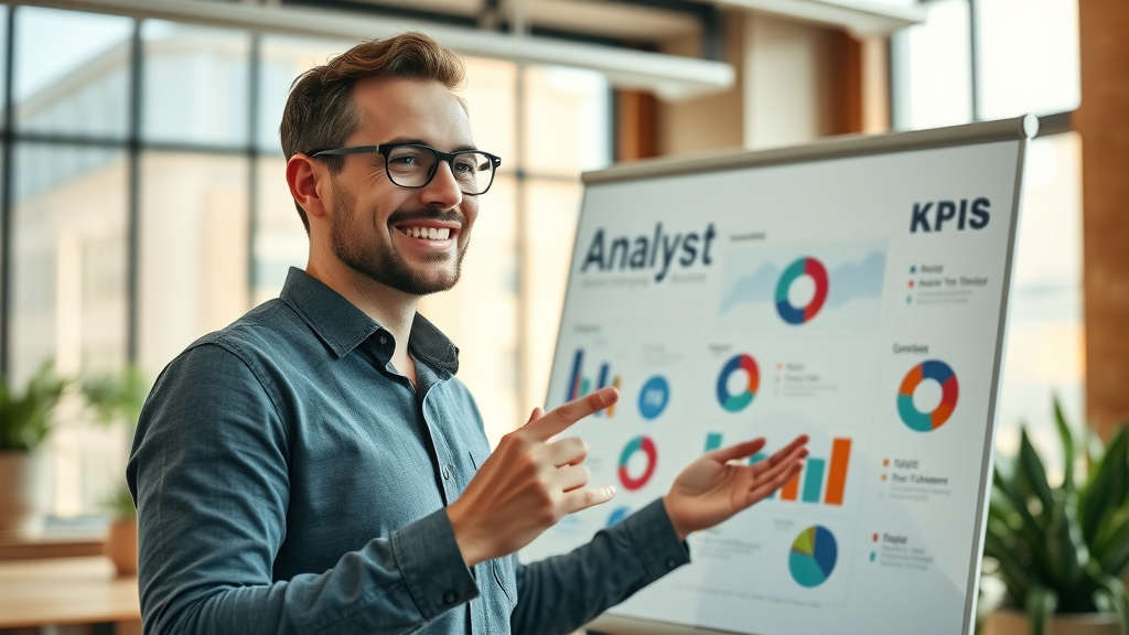 Optimistic analyst presenting digital marketing KPIs on smart whiteboard with graphs and pie charts