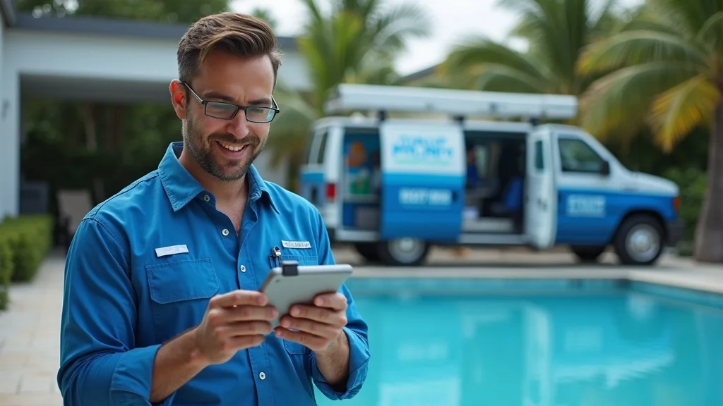 Professional pool technician in Miami inspecting pool equipment and ensuring chemical balance