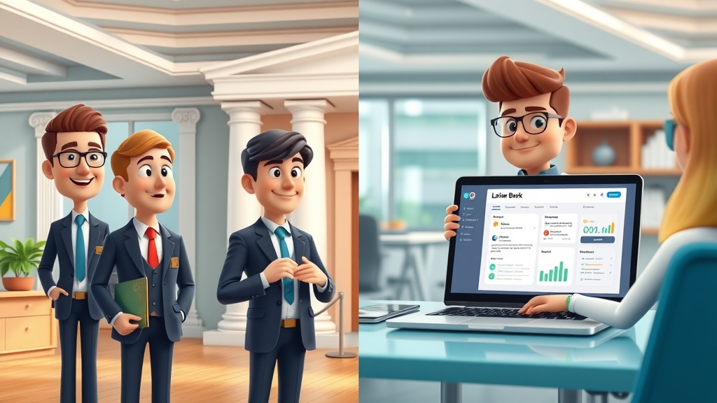 Traditional lender versus online alternative heavy equipment loan provider for financing option, split scene with bank and online platform.