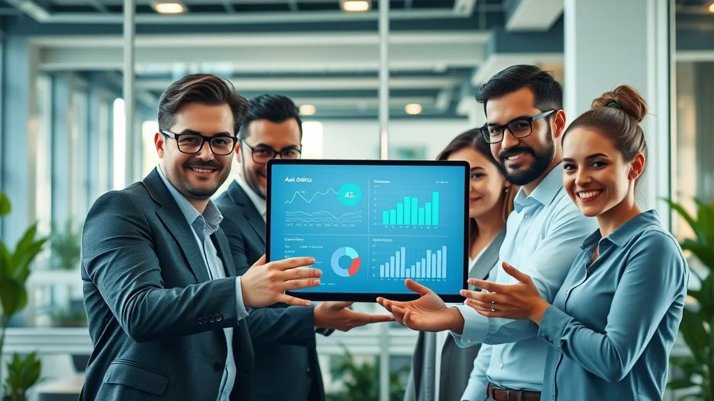 Dynamic small business team integrating AI analytics into their business processes in a modern coworking space