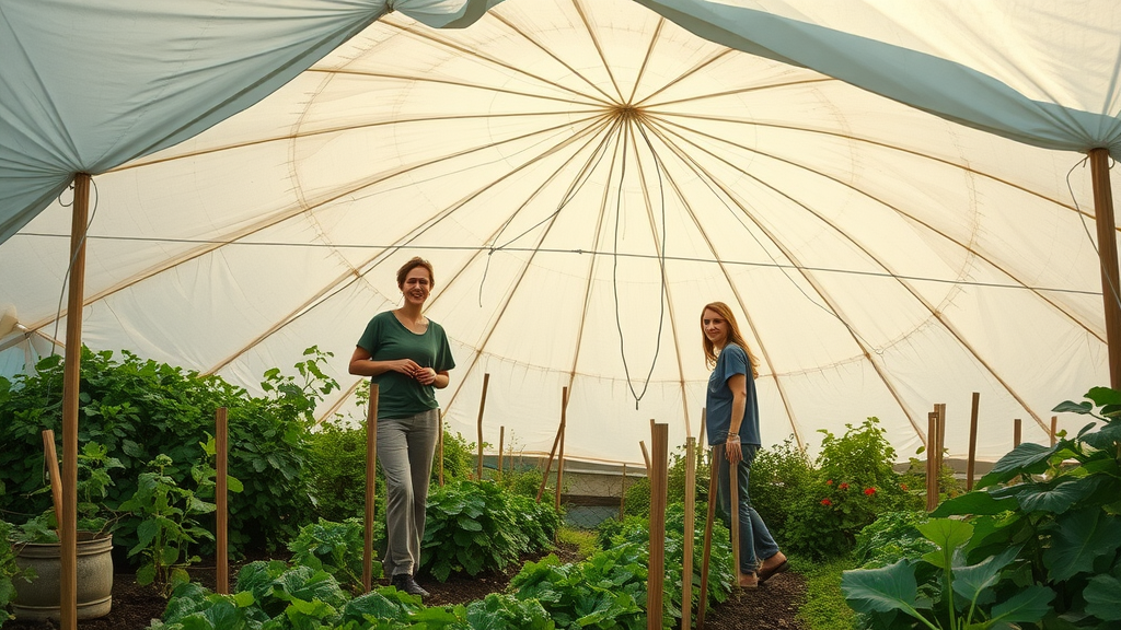 military surplus parachute used as a windbreak in a garden