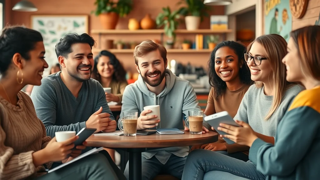 Multicultural group practicing best methods for learning to speak Spanish in a cozy café, using language apps and notebooks