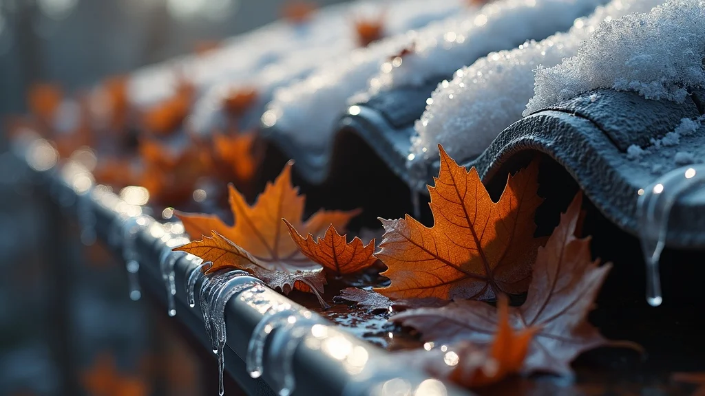 Close-up of gutter clogged with leaves and ice, exemplifying unprotected gutters and the importance of proper gutter guard installation Close-up of gutter clogged with leaves and ice, exemplifying unprotected gutters and the importance of proper gutter guard installation