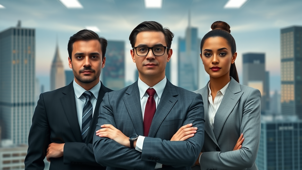 Three distinct professionals symbolizing the difference between an SEO firm, SEO agency, and SEO company, standing with a cityscape digital backdrop.
