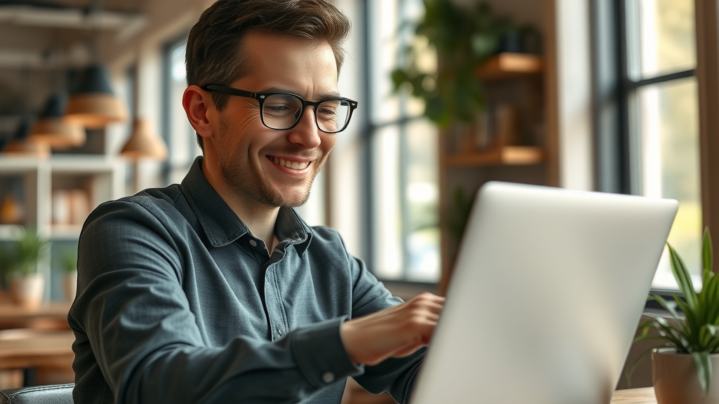 relieved small business owner in cafe closing laptop after successfully consolidating merchant cash advances