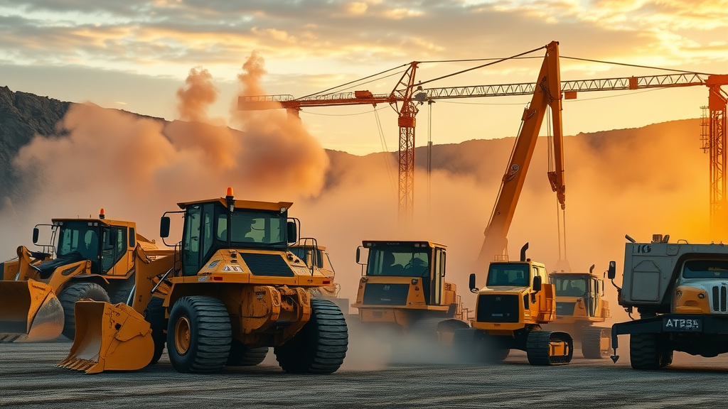 Heavy equipment financing showcased through a lineup of bulldozers, excavators, cranes in a dramatic quarry setting, sunset background, industrial power and investment
