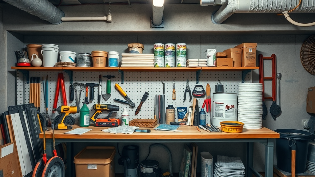 organized workbench with drywall repair tools and materials for basement drywall repair