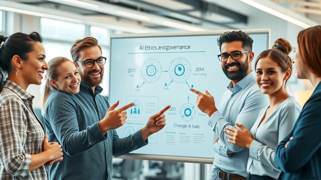 Diverse tech team collaboratively mapping out ethical AI governance principles on a high-tech digital whiteboard