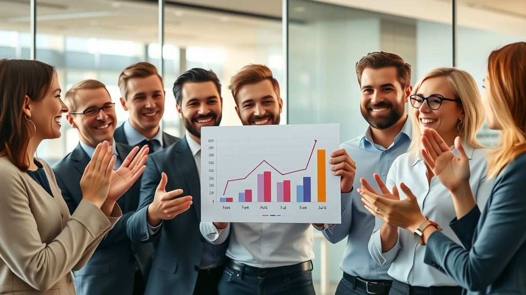 Business team celebrating SEO company success after reviewing positive growth charts in a modern meeting room. Joyful, detailed, vibrant.