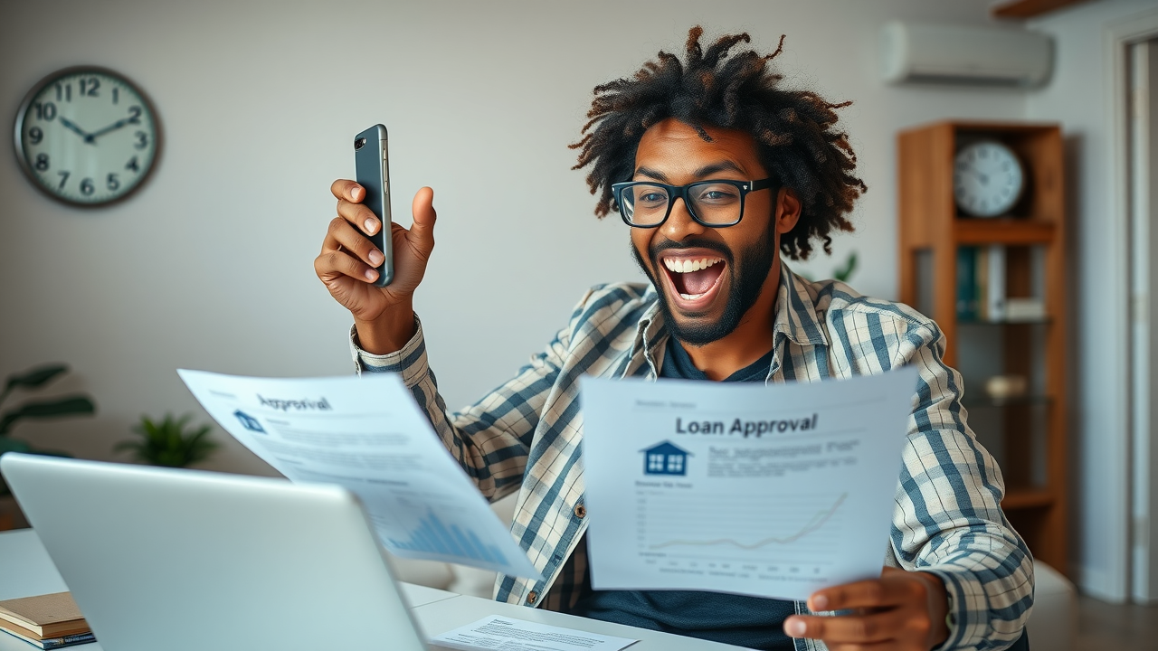 Energetic real estate investor celebrating fast loan approval with hard money lender for investment property Energetic real estate investor celebrating fast loan approval with hard money lender for investment property