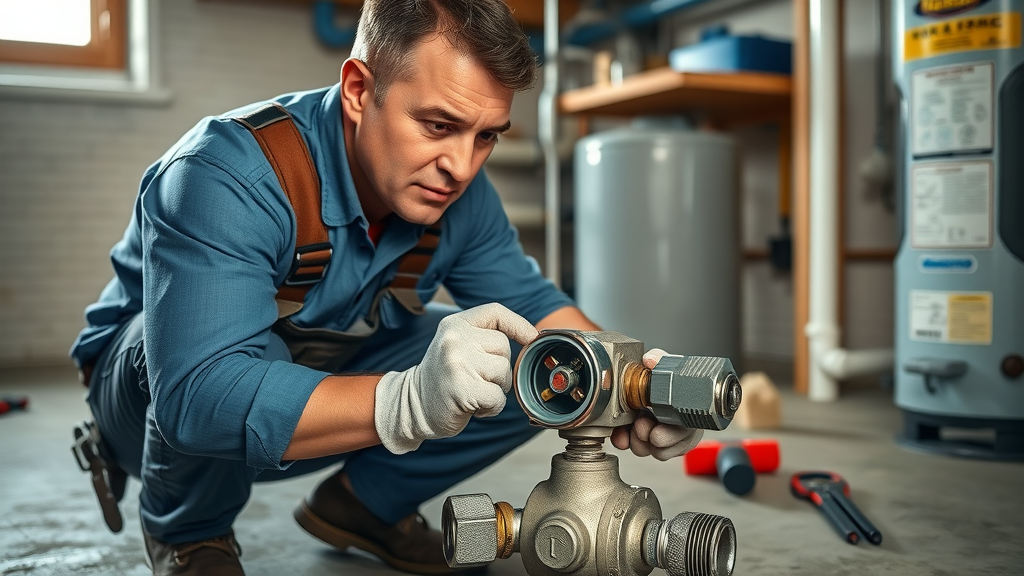 plumber troubleshooting low water pressure issues with a pressure regulator.