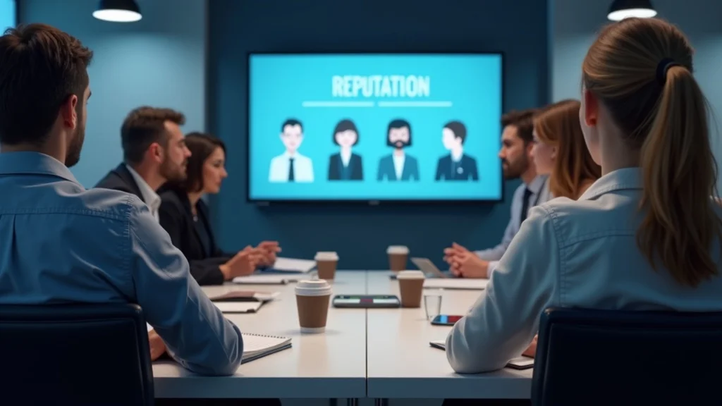 Business team attending a reputation management seminar, focused on digital marketing and brand representation, photorealistic, blue/neutral tones.