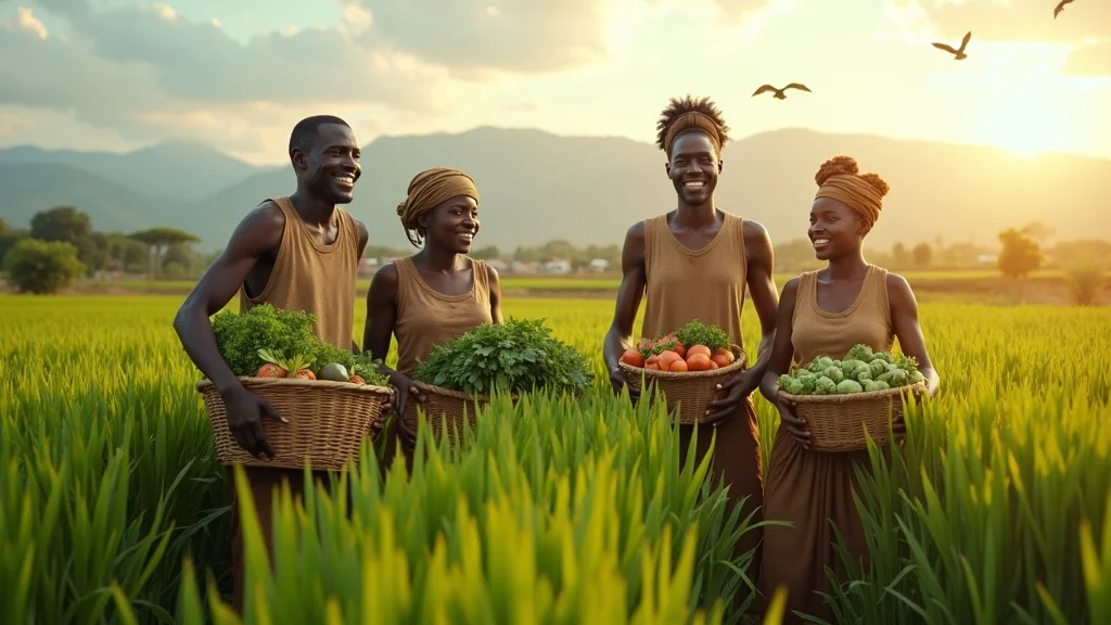 AGOA Africa agriculture exports USA: African farmers harvesting crops in lush green field with mountains