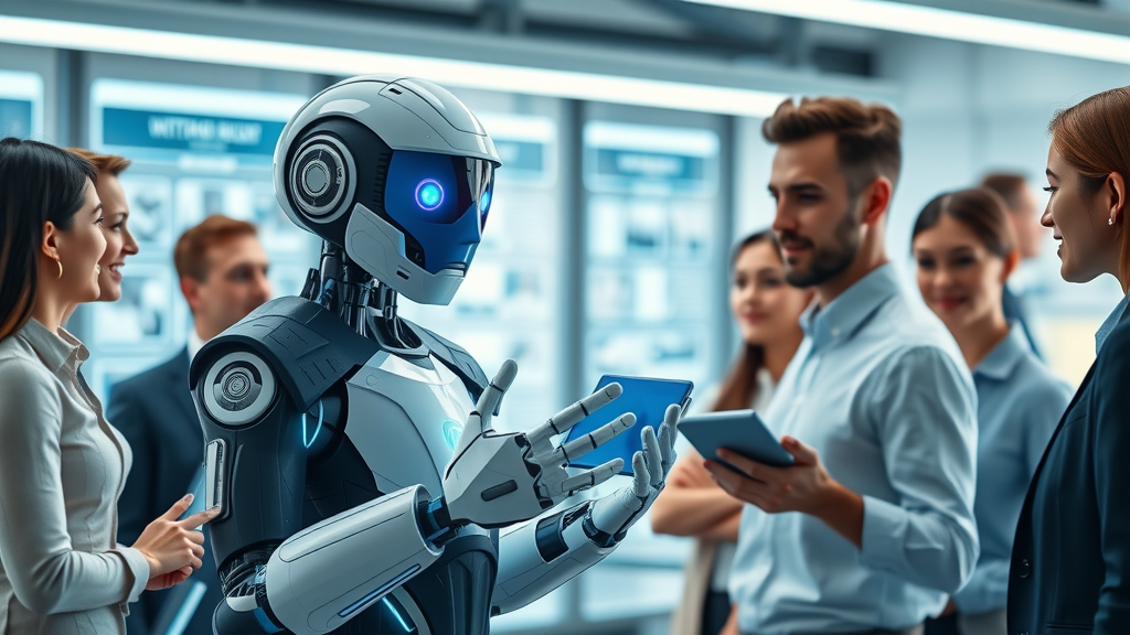 futuristic office environment featuring ai chatbot with glowing interface engaging with professionals, machine learning in chatbots