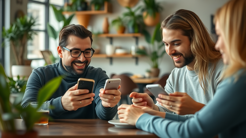 Engaging social media post attracting customers, friends and family sharing content in busy café setting
