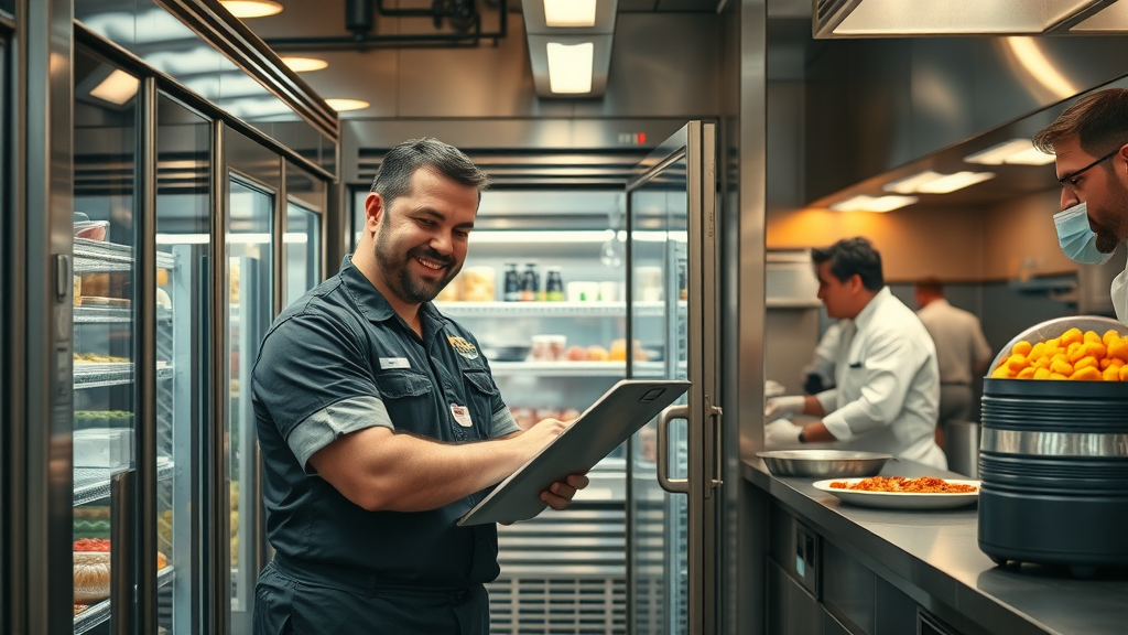 Refrigeration expert performing emergency service in restaurant, Charlottesville VA