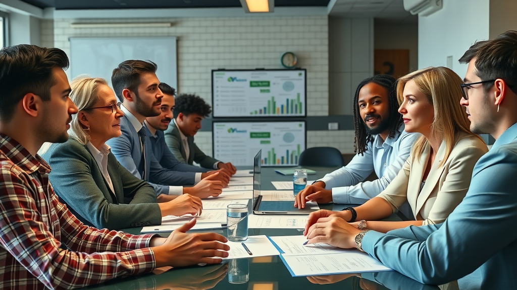 Diverse group discussing around a table in a business setting with financial charts.