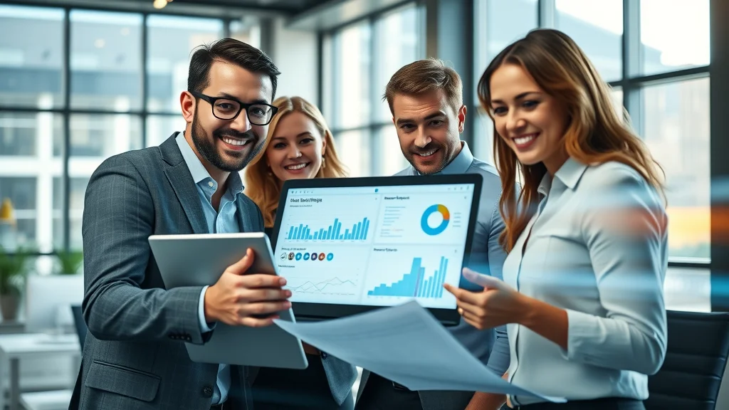 business team using artificial intelligence for business digital analytics dashboard in a modern office