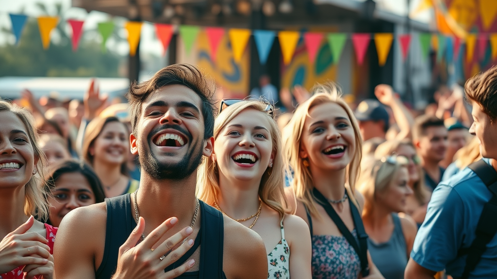 vibrant festival crowd, smiling, enjoying outdoor music, Photorealistic High Fidelity Lifelike, open-air concert setting with colorful decorations, highly detailed, dynamic energy, bright colors, natural sunlight, shot with a 35mm lens.