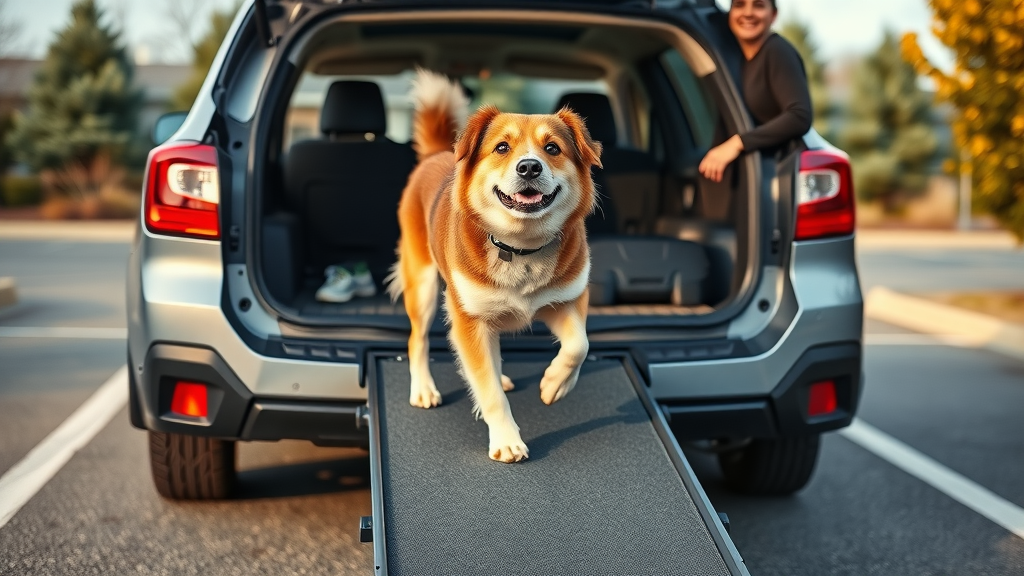 pet ramp subaru pet owner dog-friendly SUV - happy dog using Subaru-branded pet ramp, climbing into cargo area with owner watching in parking lot, photorealistic, high clarity