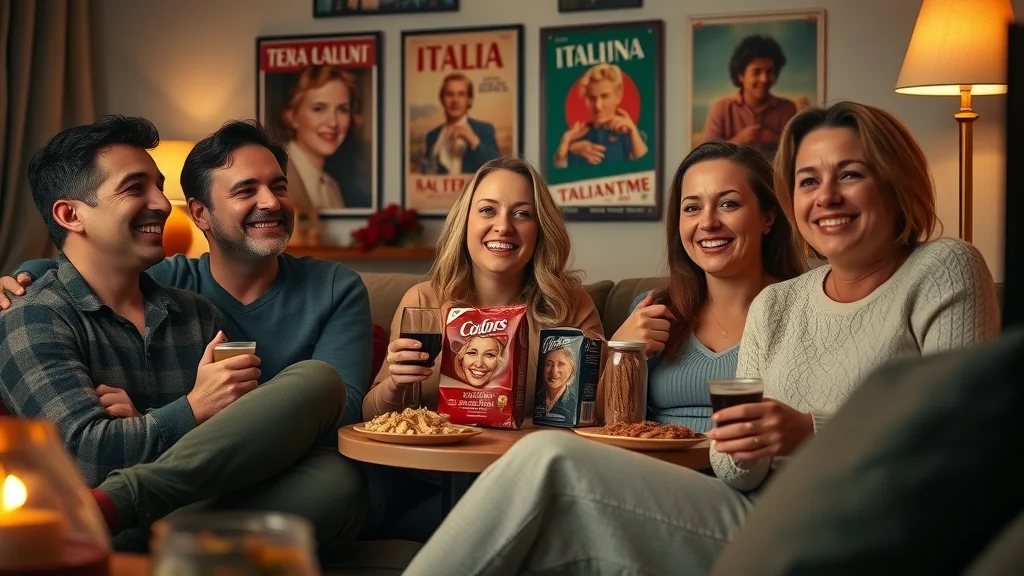 Group of friends enjoying classic Italian cinema at home, surrounded by Italian film posters and cozy living room decor.
