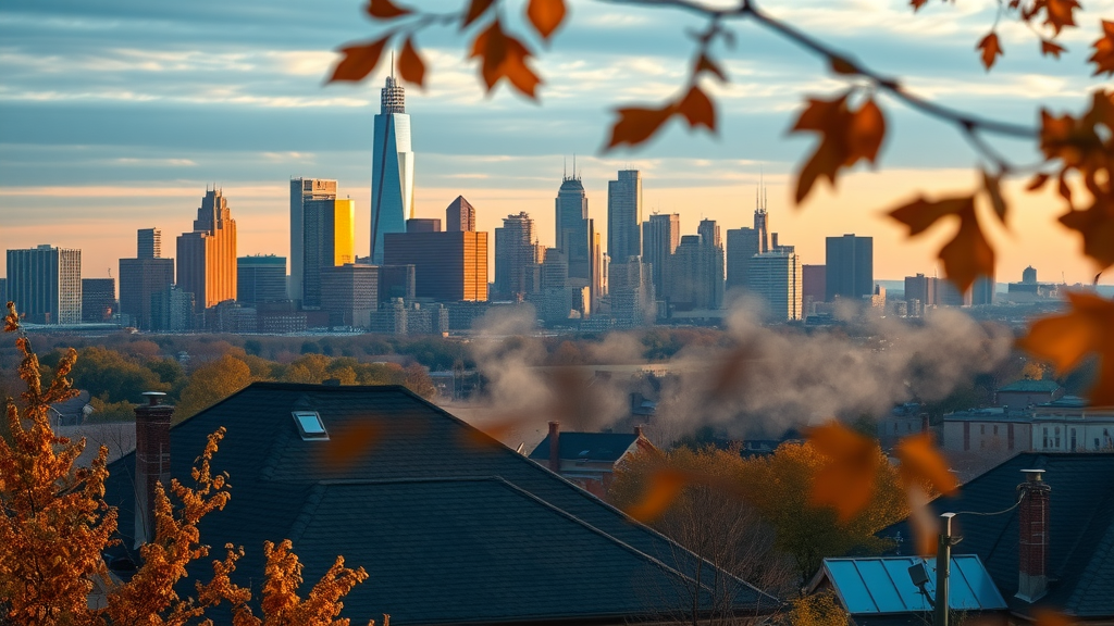 Modern HVAC system on Detroit home with city skyline in fall season