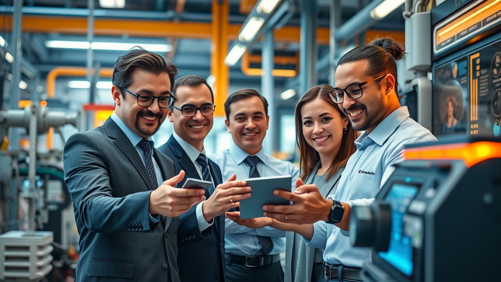 Diverse group examining new, high-tech commercial equipment with equipment financing & leasing companies assistance in New York. Futuristic workspace and advanced business equipment solutions.