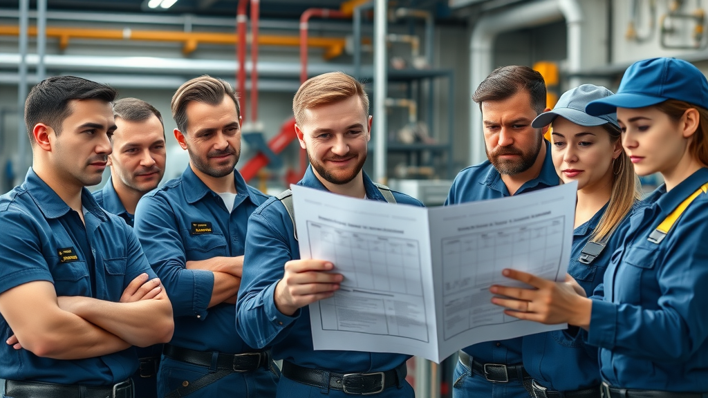 Commercial plumbers inspecting blueprints and industrial plumbing equipment, technology in commercial plumbing systems