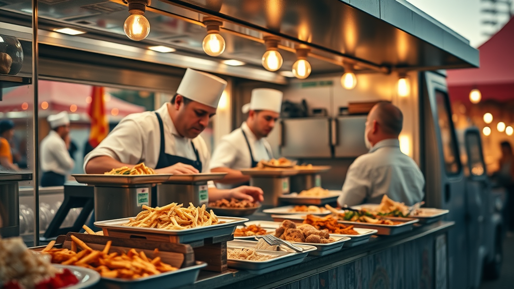 A vibrant festival atmosphere with chefs preparing in a food truck at the Tulip Time Festival